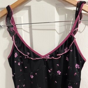 VTG Black Pink Slip Dress Sheer Floral Overlay velvet Trim Ruffle Strap Y2K